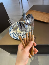 Dinner fork Round spoon knife with wood handles