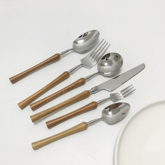 Dinner fork Round spoon knife with wood handles